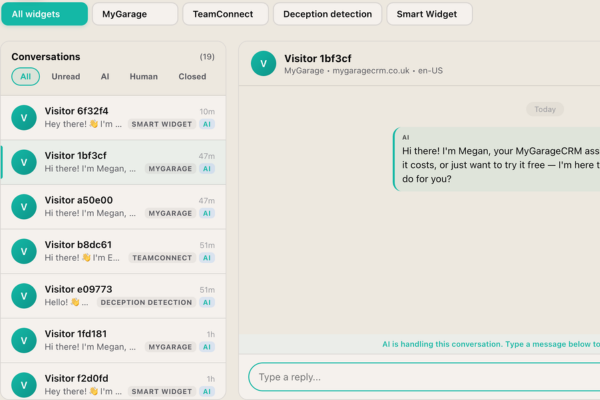 SmartWidget messaging inbox showing live conversations from a PrestaShop site with single-click human takeover