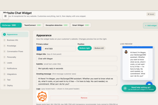 SmartWidget setup dashboard showing AI knowledge base configuration for a PrestaShop site