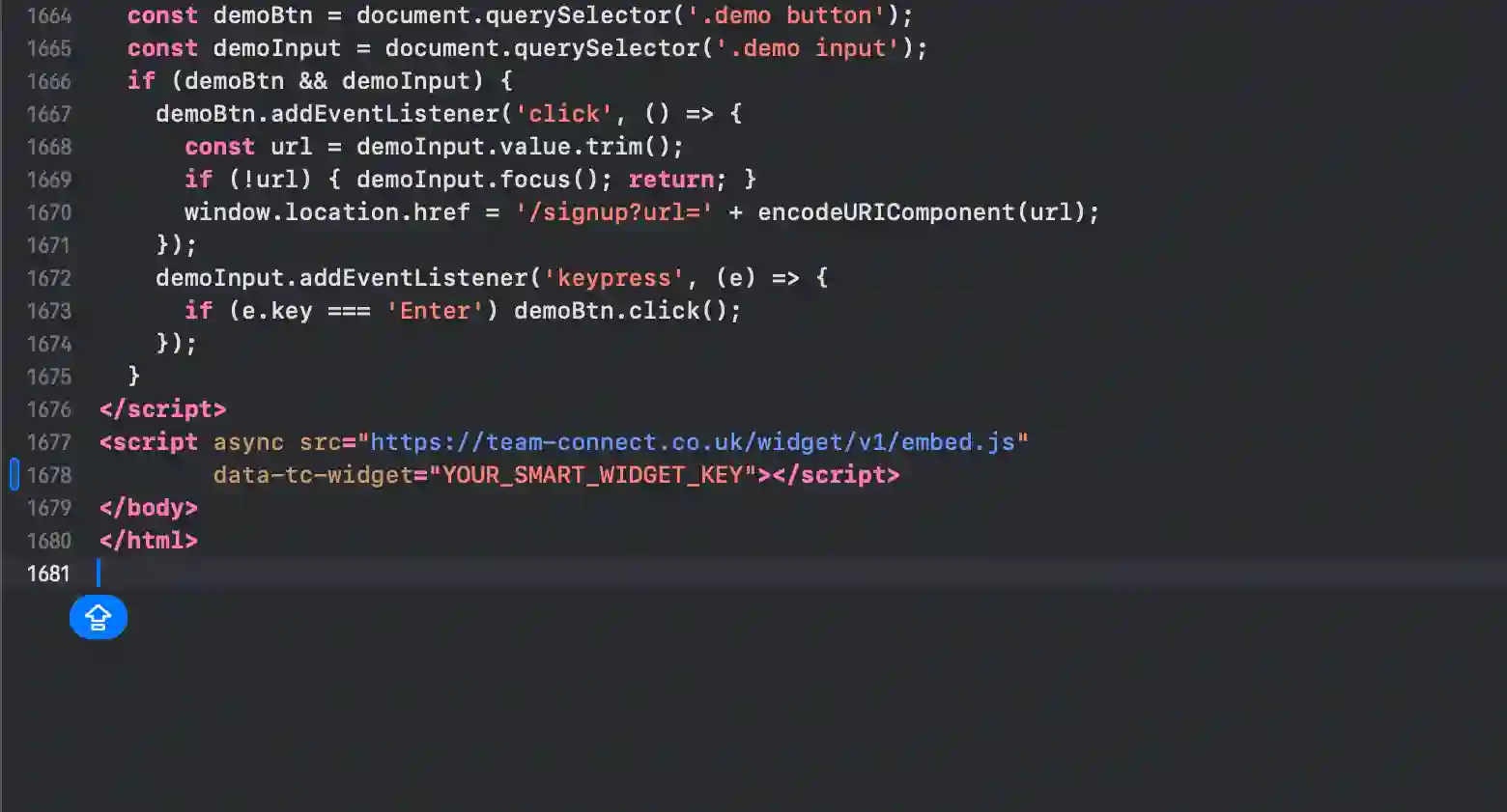 Where to paste the SmartWidget snippet in HTML and static sites