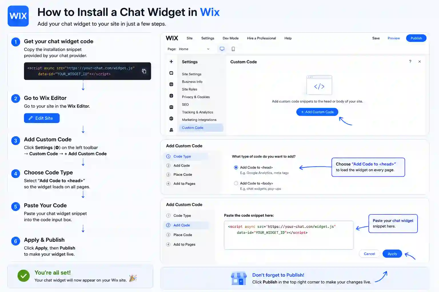 Where to paste the SmartWidget snippet in Wix